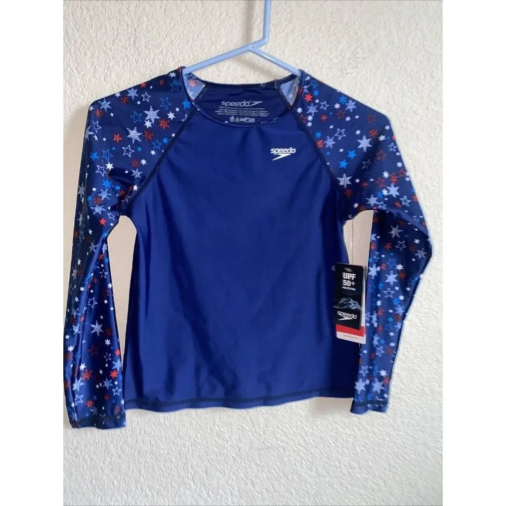 Speedo swim shirt Long Sleeve Rash Guard Blue UPF M USA Stars 4th patriotic